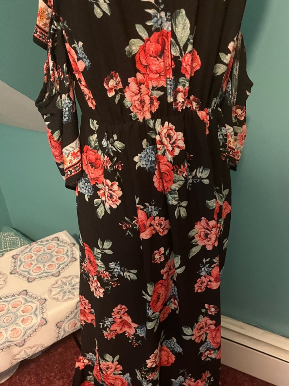 Flying Tomato Funky  Black Maxi Dress with Coral Floral Print